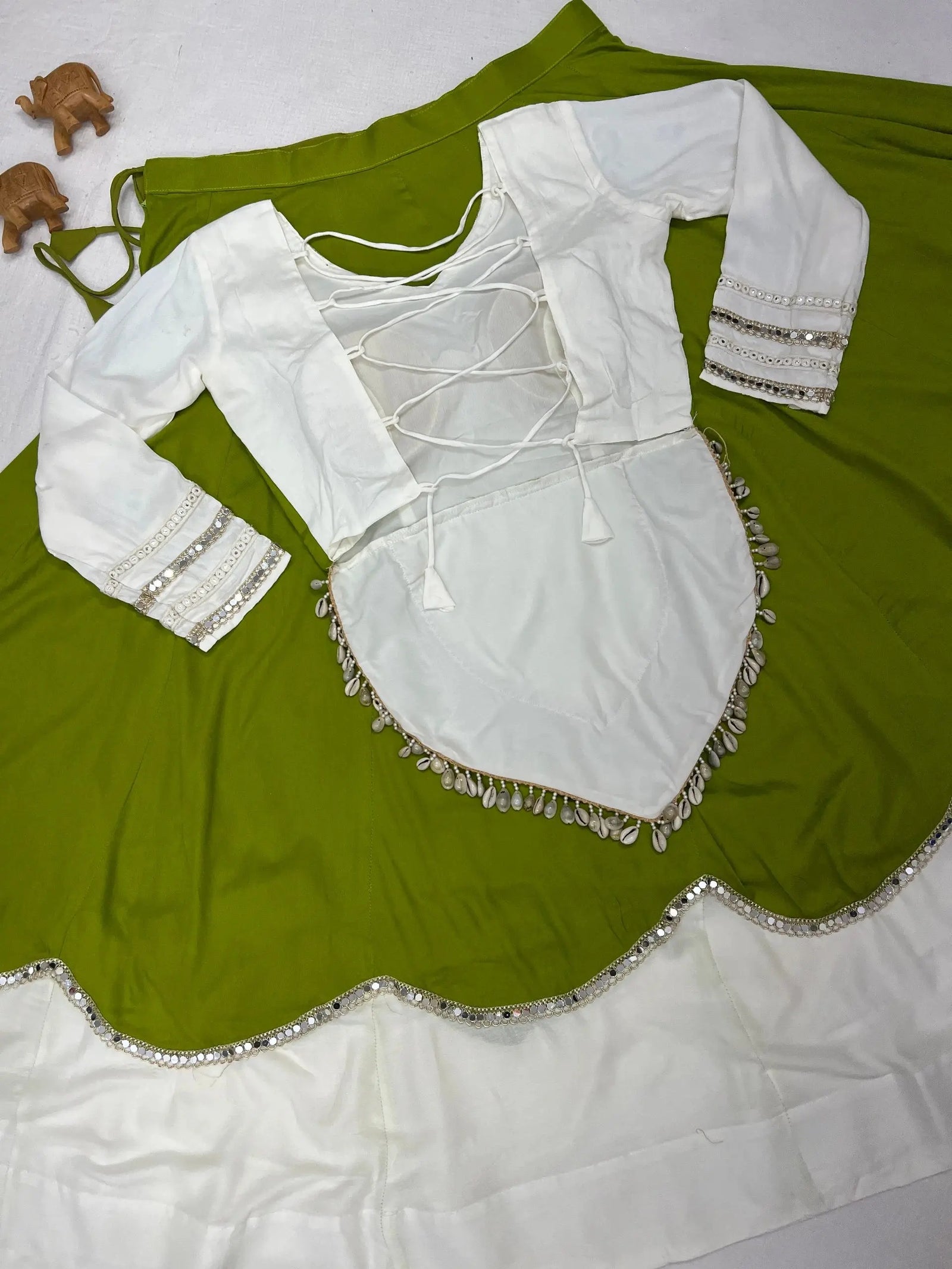 Green Mirror Lace Work Lehenga – 6-meter flair lehenga in action, ideal for garba, dandiya and cultural performances