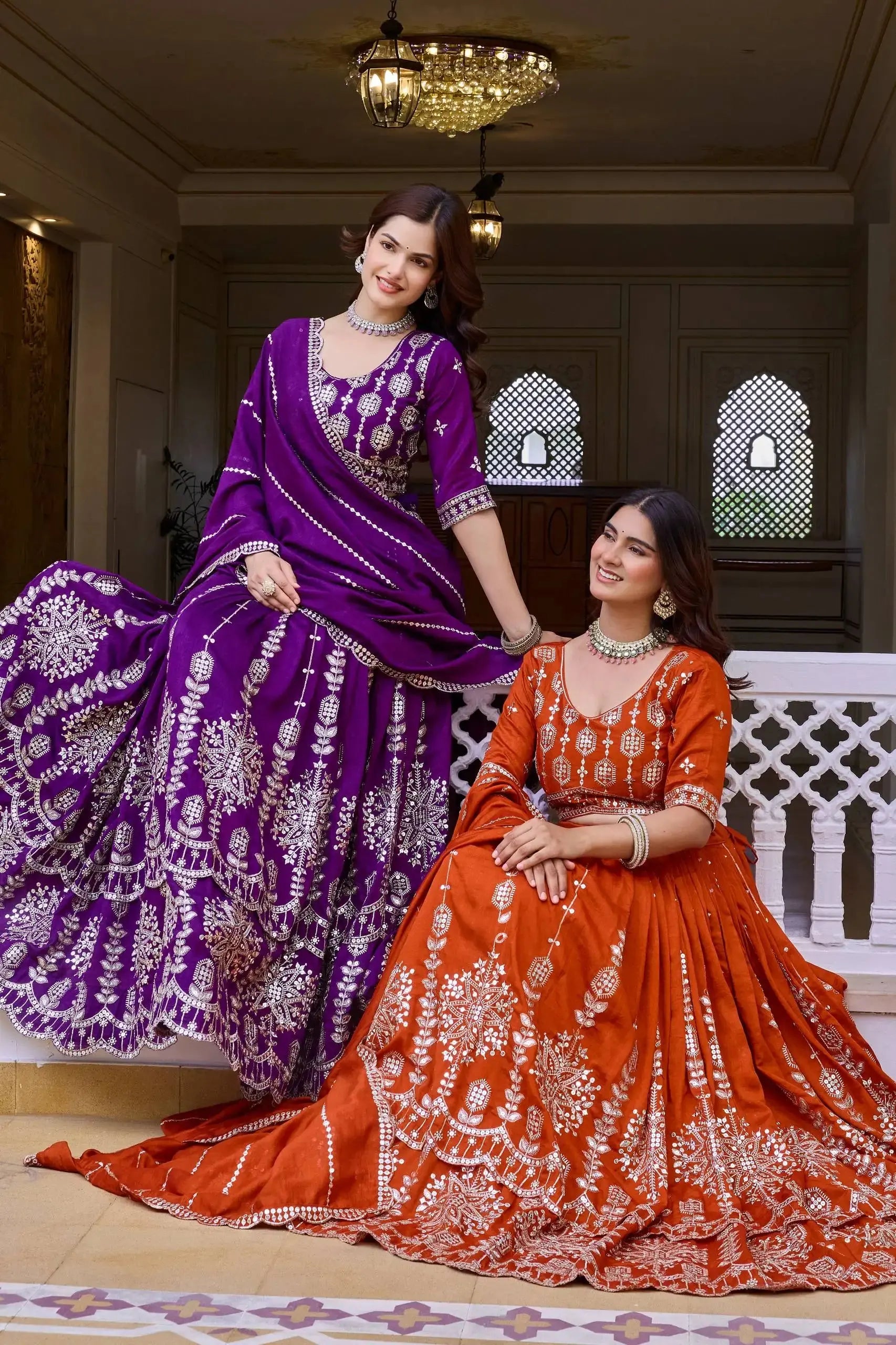 Purple Sequins Embroidered Lehenga – Back view showing U-Back with Tie-Up choli back and dupatta drape