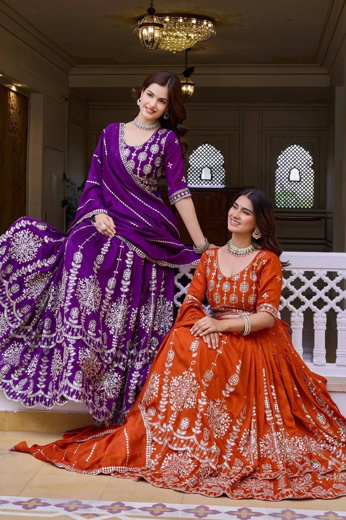 Purple Sequins Embroidered Lehenga – Back view showing U-Back with Tie-Up choli back and dupatta drape