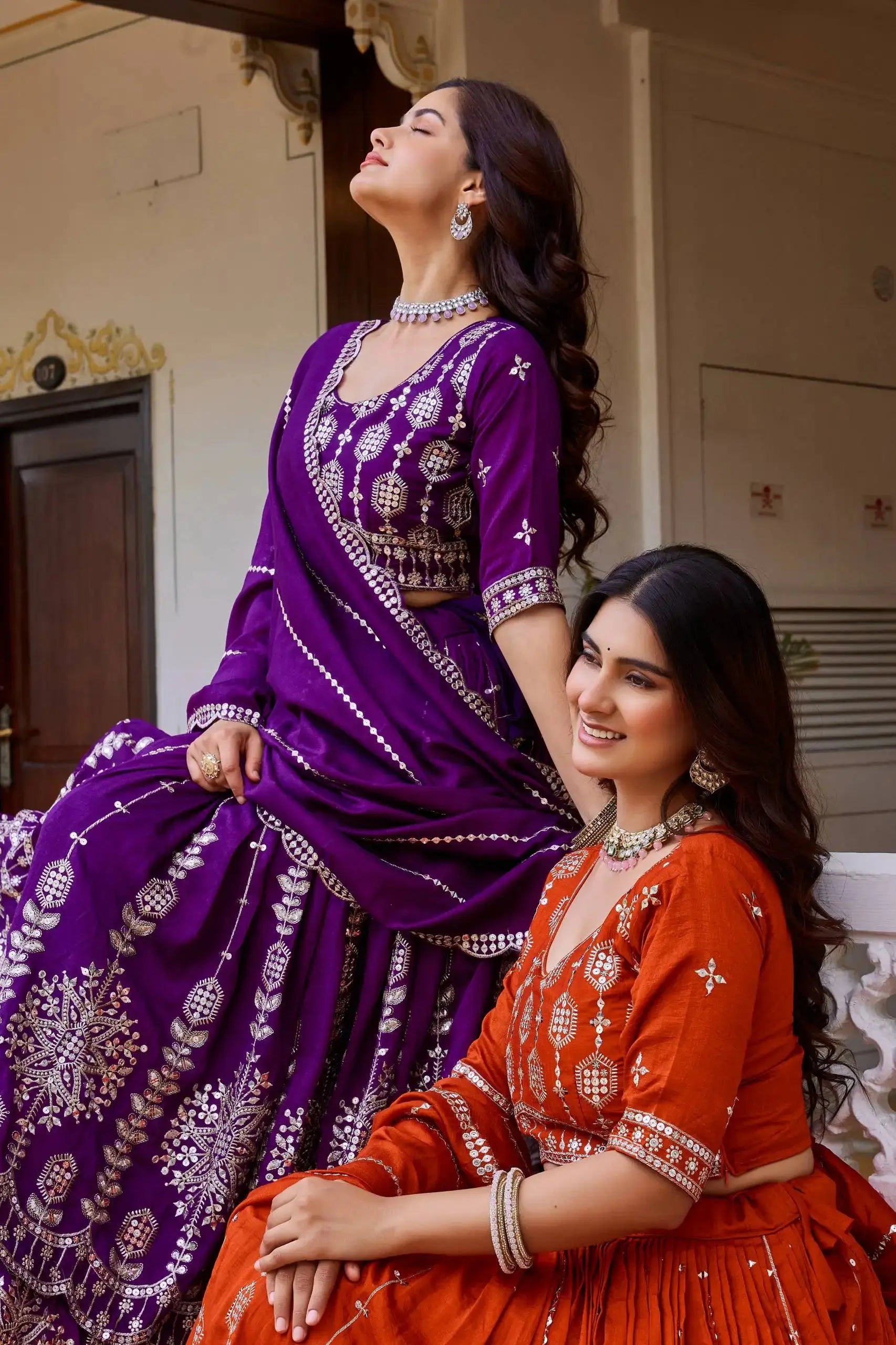 Purple Sequins Embroidered Lehenga – Choli close-up showing geometric hexagonal sequins-zari repeat with fringe waistband detail