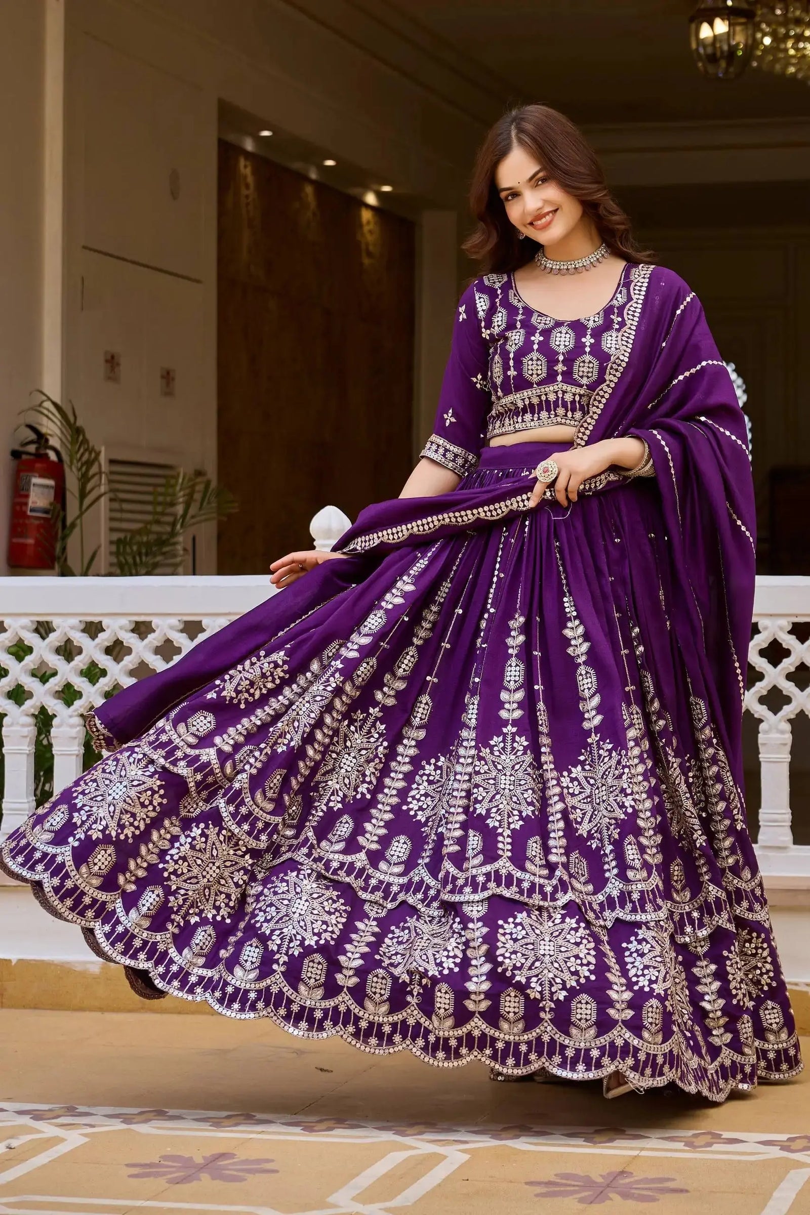 Purple Sequins Embroidered Lehenga – Dupatta close-up showing sequins-line border along all four edges