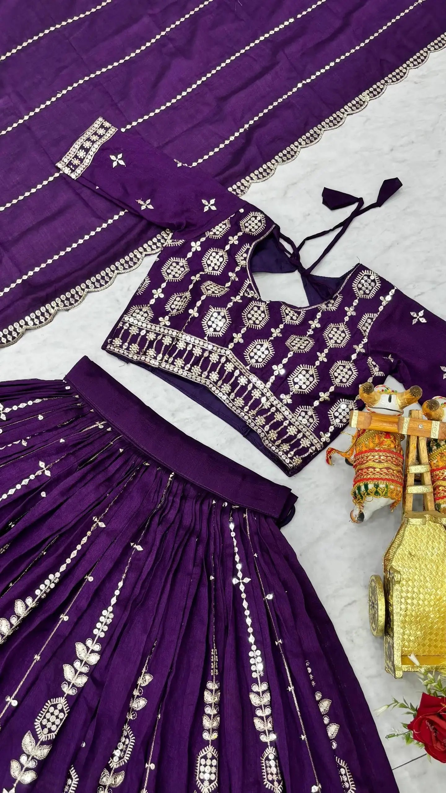 Purple Sequins Embroidered Lehenga – Flat lay of complete lehenga, choli and dupatta set, product code KL157 Kalyanja