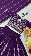 Purple Sequins Embroidered Lehenga – Flat lay of complete lehenga, choli and dupatta set, product code KL157 Kalyanja