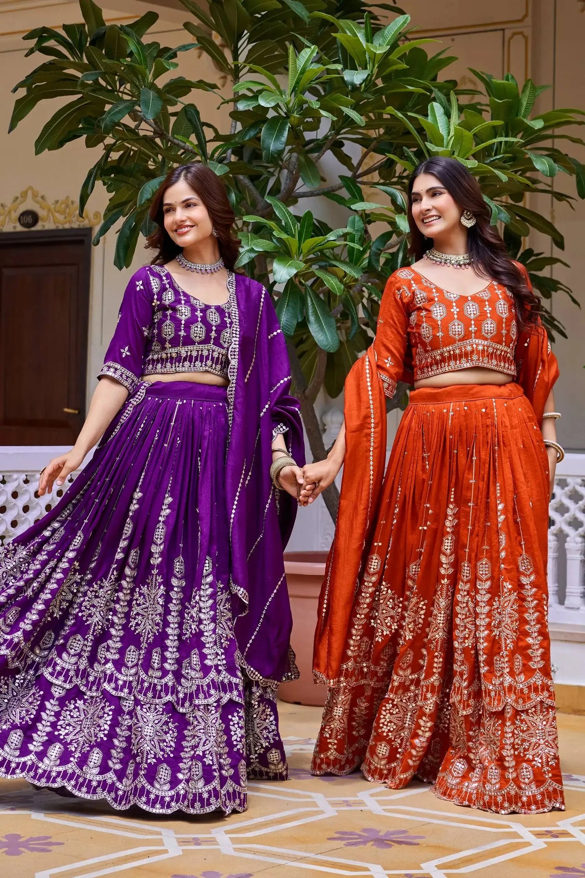 Purple Sequins Embroidered Lehenga – Front view showing Vichitra fabric skirt with dense silver sequins zari embroidery and round neck choli
