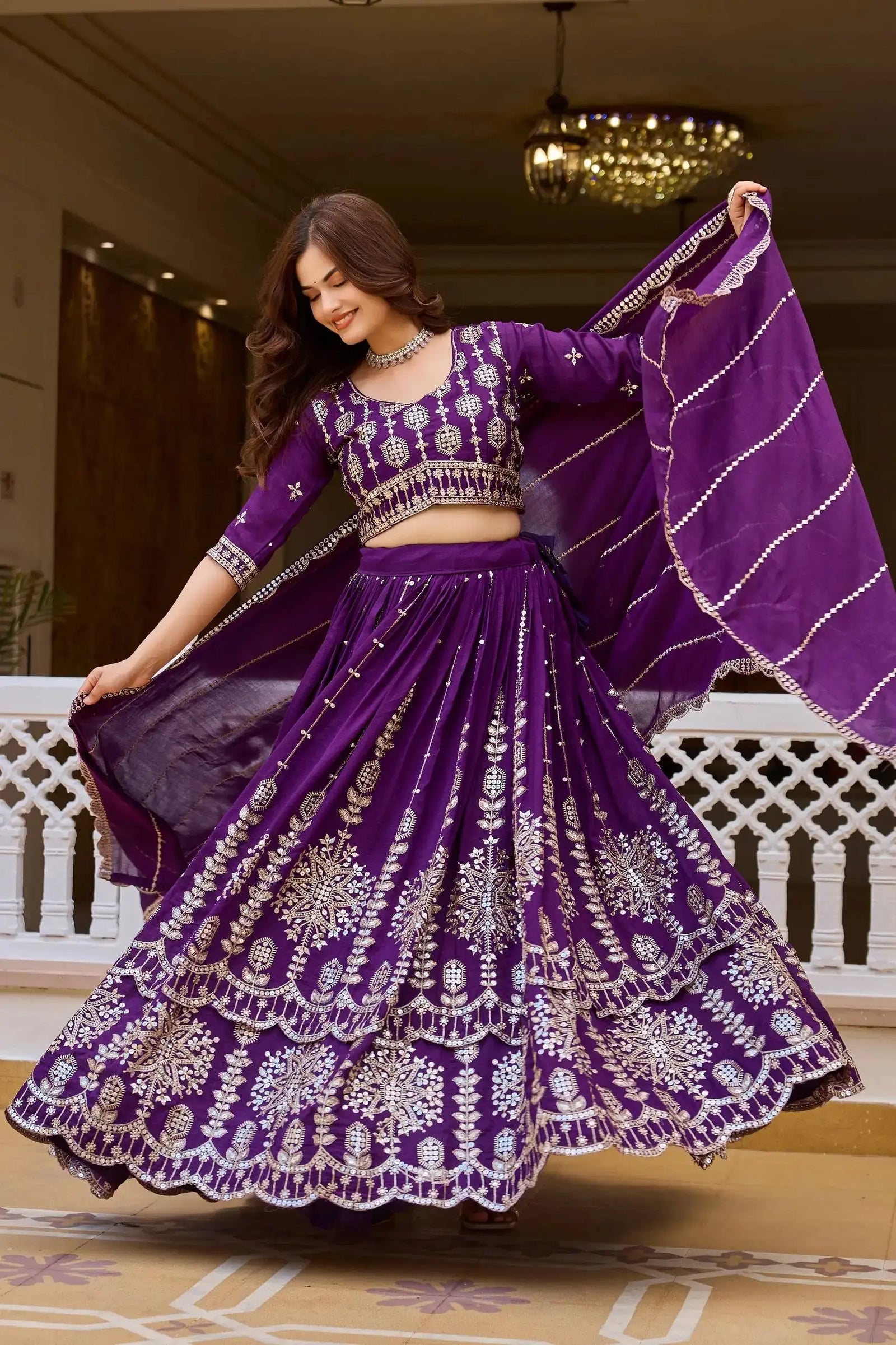 Purple Sequins Embroidered Lehenga – Full-length model view, Vichitra festive lehenga for weddings and sangeet