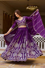 Purple Sequins Embroidered Lehenga – Full-length model view, Vichitra festive lehenga for weddings and sangeet