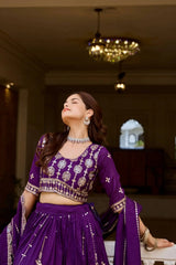 Purple Sequins Embroidered Lehenga – Model wearing purple sequins lehenga with matching dupatta, wedding and reception wear