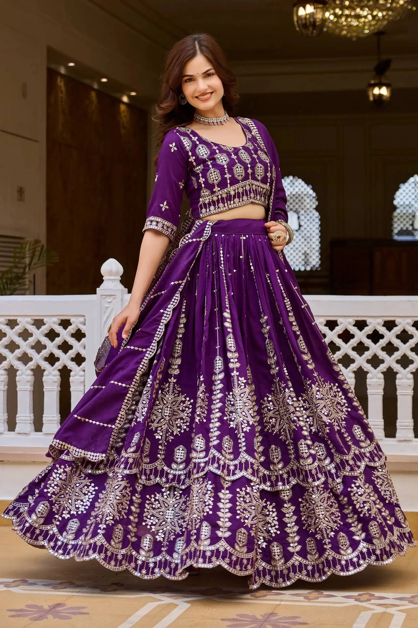 Purple Sequins Embroidered Lehenga – Canvas stitch circular lehenga, 42-inch length, 1 kg, regular fit