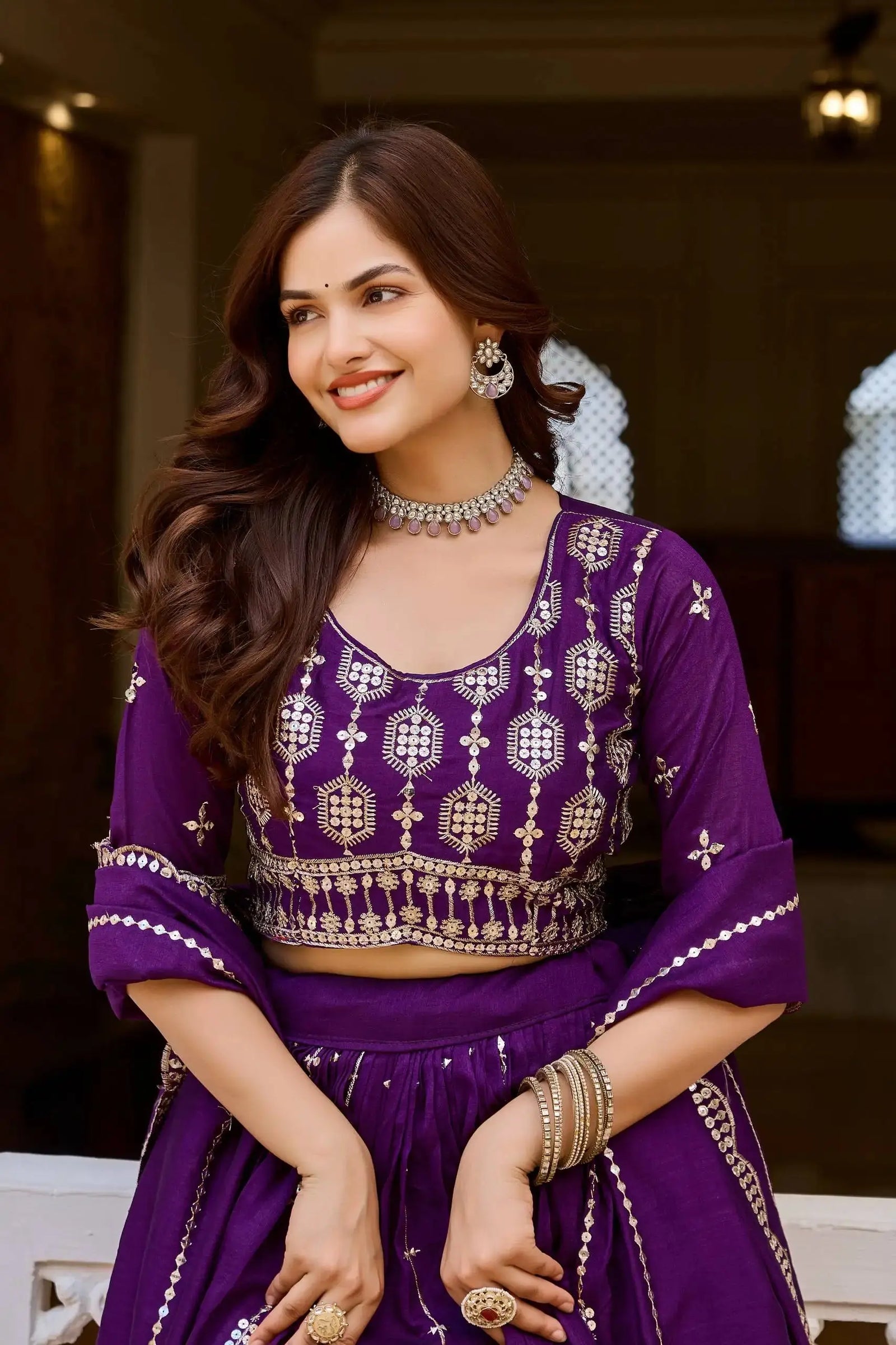 Purple Sequins Embroidered Lehenga – Deep purple and silver sequins festive lehenga, ideal for sangeet and mehendi