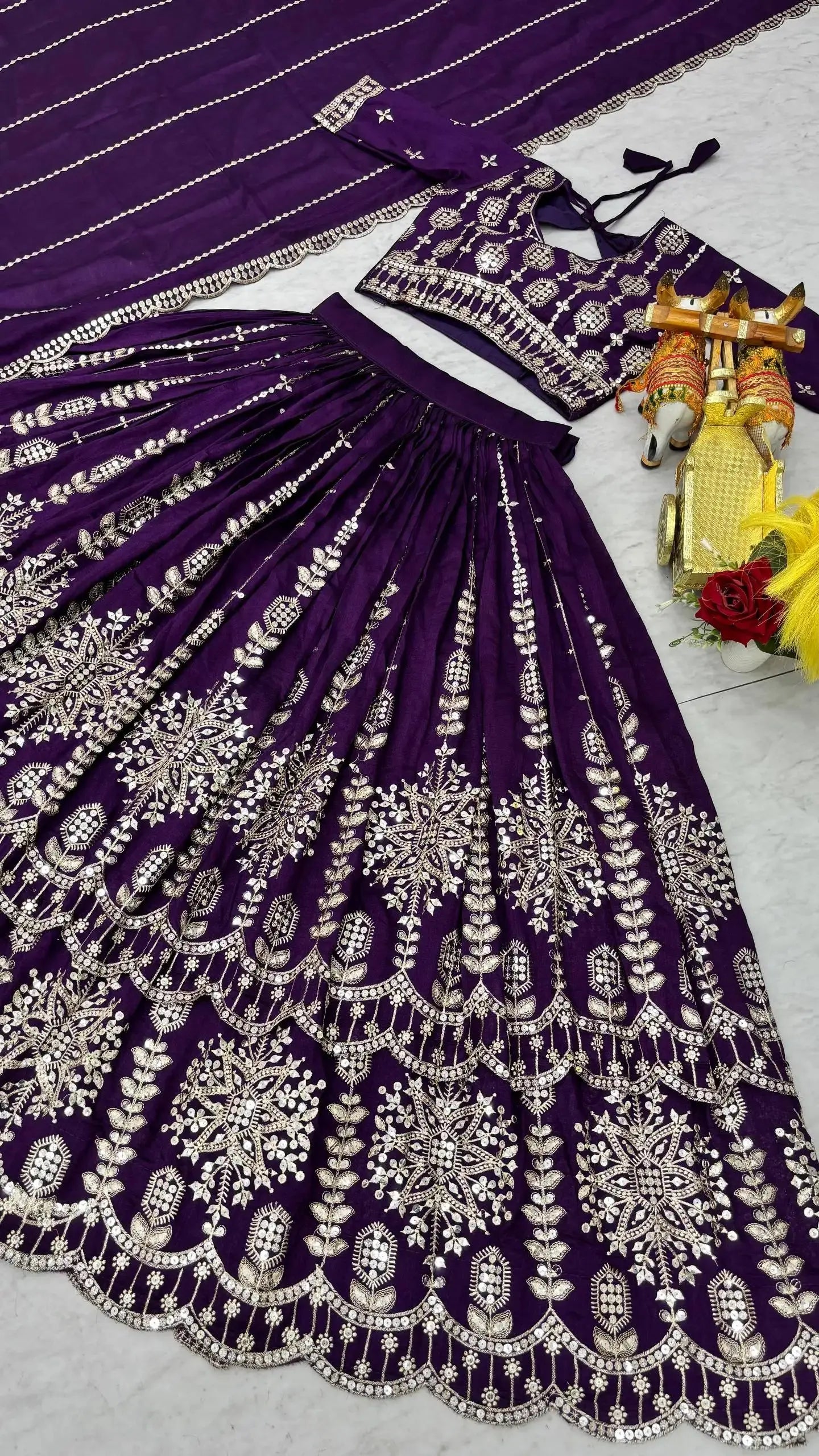 Purple Sequins Embroidered Lehenga – Full set view showing lehenga, embroidered choli and dupatta, product KL157