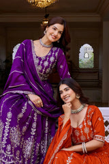 Purple Sequins Embroidered Lehenga – Side view showing 3.5-meter circular flair and half sleeve embroidered choli