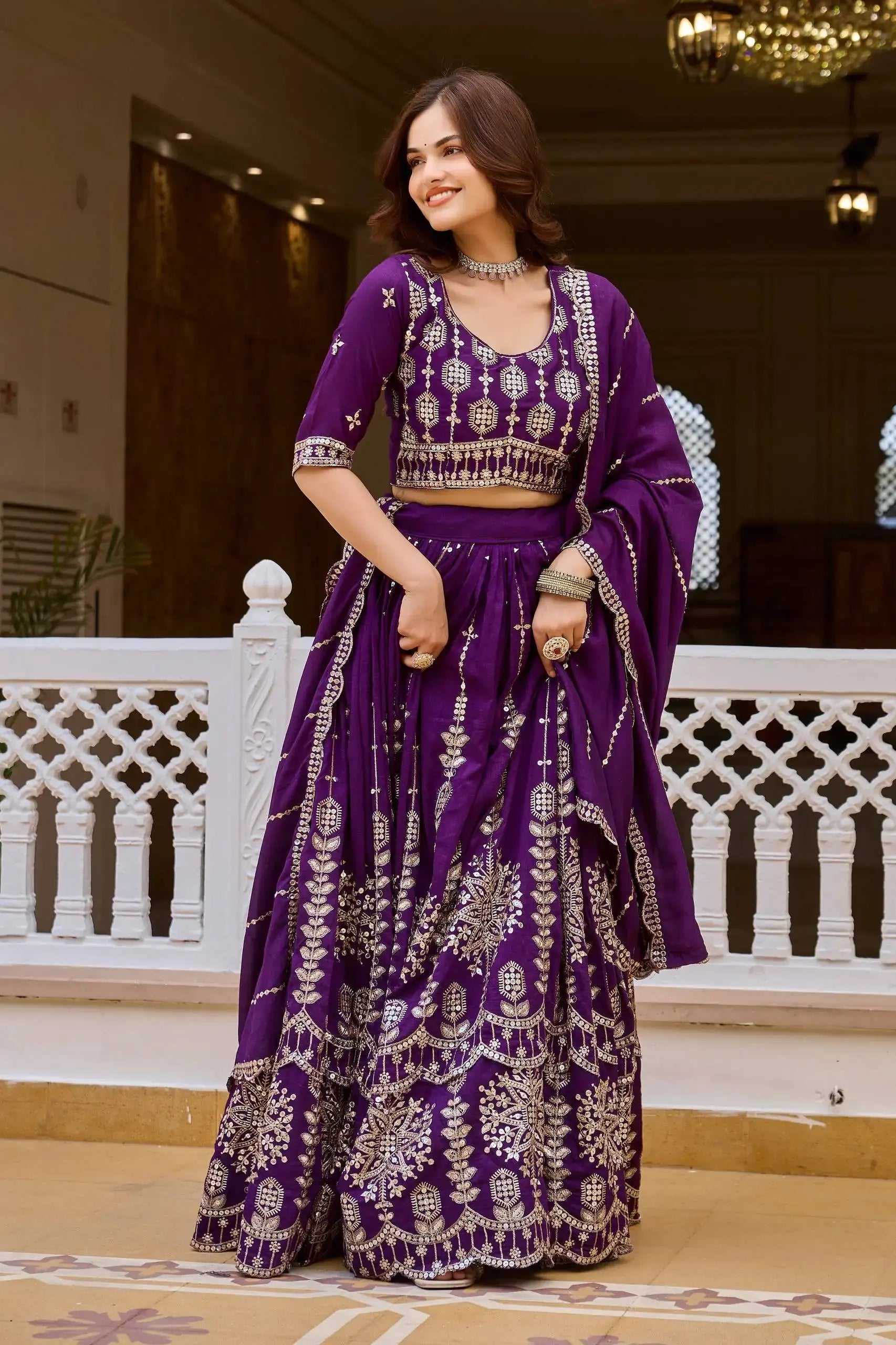 Purple Sequins Embroidered Lehenga – Skirt hem close-up showing layered floral-vine embroidery and scalloped sequins medallion border