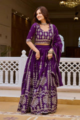 Purple Sequins Embroidered Lehenga – Skirt hem close-up showing layered floral-vine embroidery and scalloped sequins medallion border