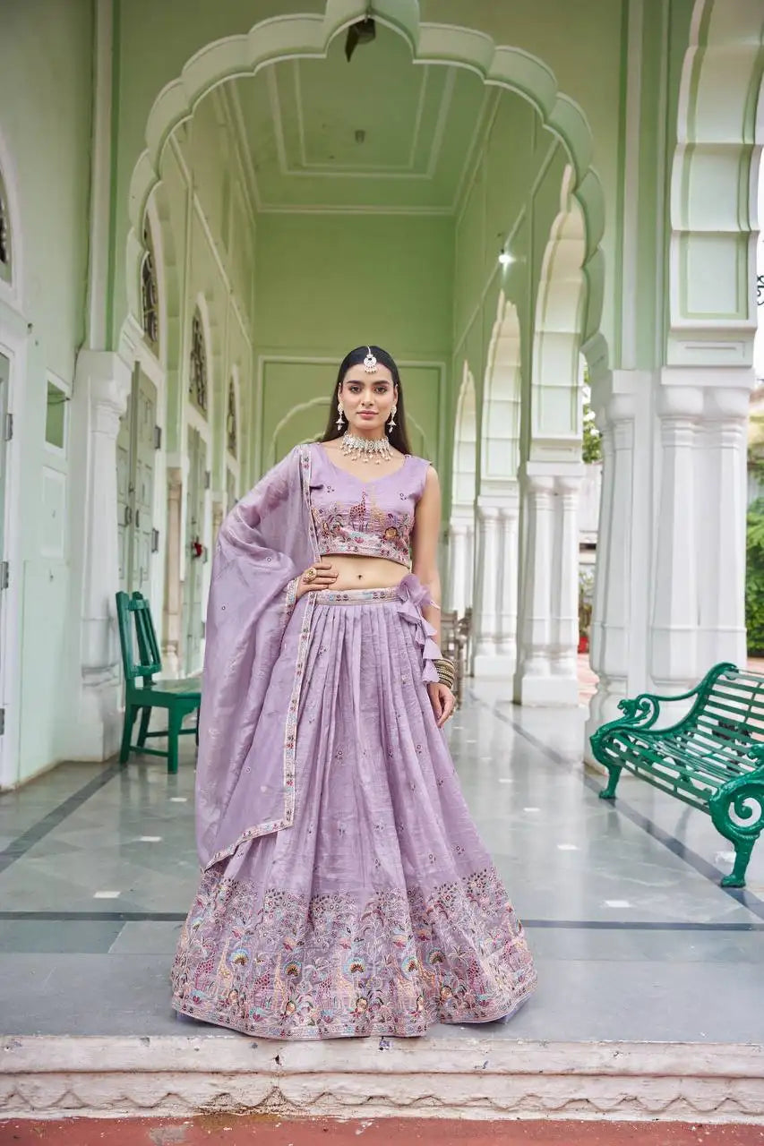 Lavender Thread Embroidered Lehenga – Back view showing fancy back choli detail and dupatta with gota lace border