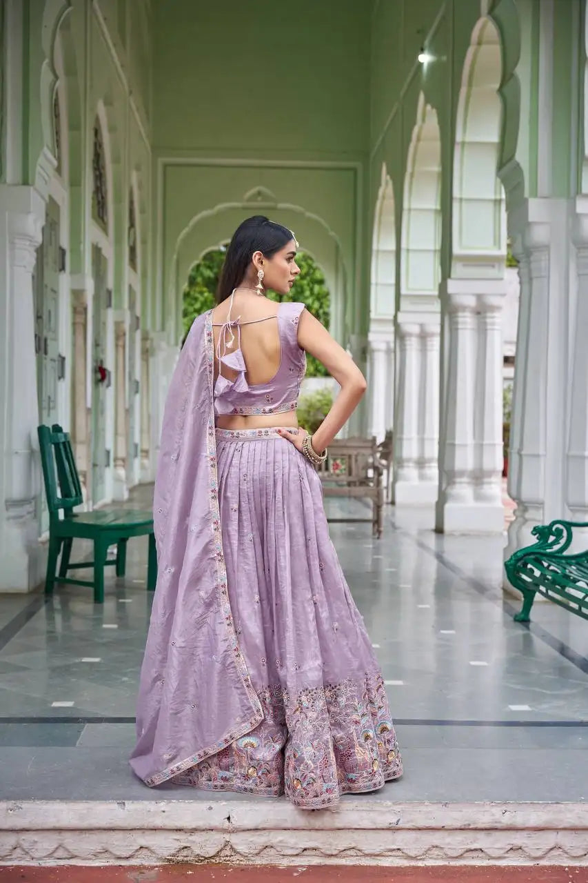 Lavender Thread Embroidered Lehenga – Hem border close-up showing wide Mughal-style animal and floral border with sequins medallions