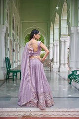 Lavender Thread Embroidered Lehenga – Hem border close-up showing wide Mughal-style animal and floral border with sequins medallions