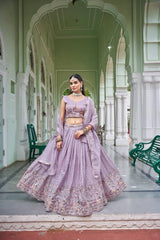Lavender Thread Embroidered Lehenga – Choli close-up showing multicolor thread embroidered giraffe, peacock and floral motif scene