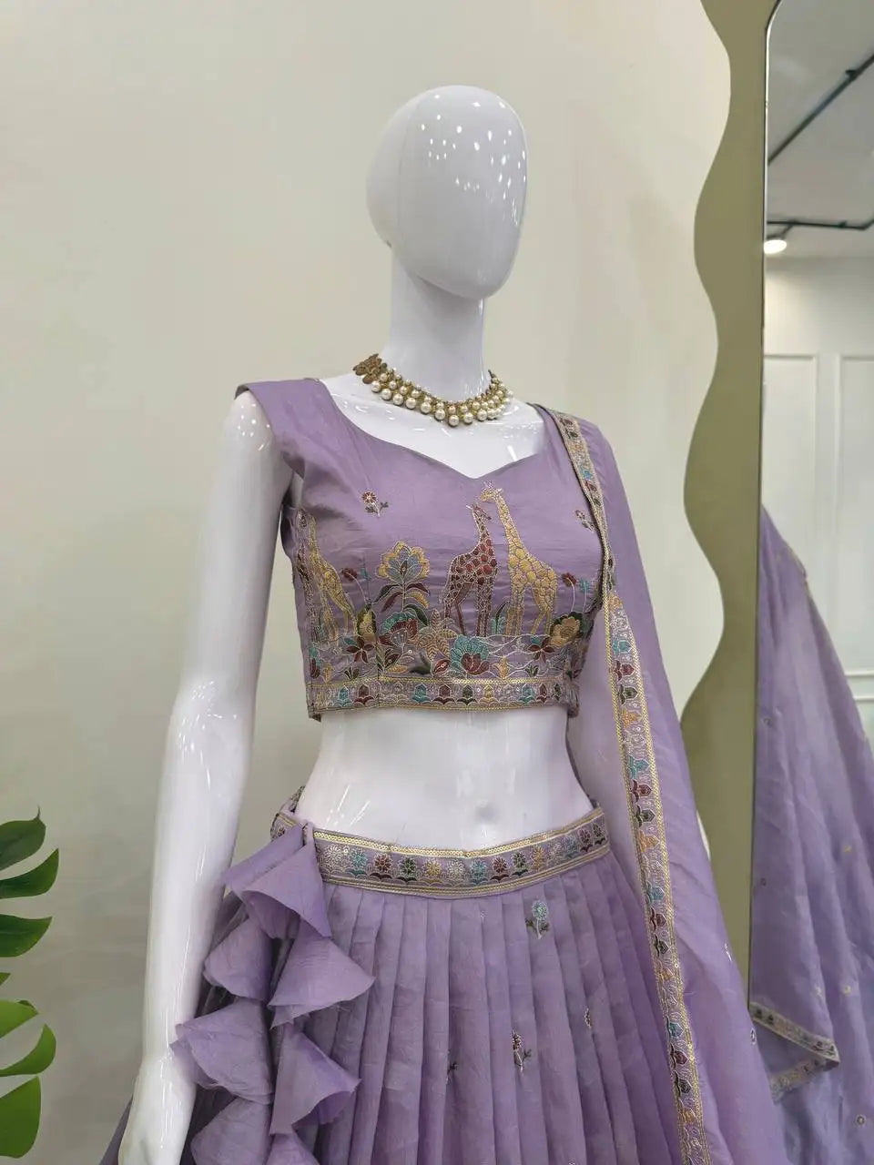 Lavender Thread Embroidered Lehenga – Dupatta close-up showing scattered sequin butti and gota lace border