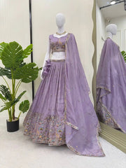 Lavender Thread Embroidered Lehenga – Flat lay of complete lehenga, choli and dupatta set, product code KL161 Kalyanja