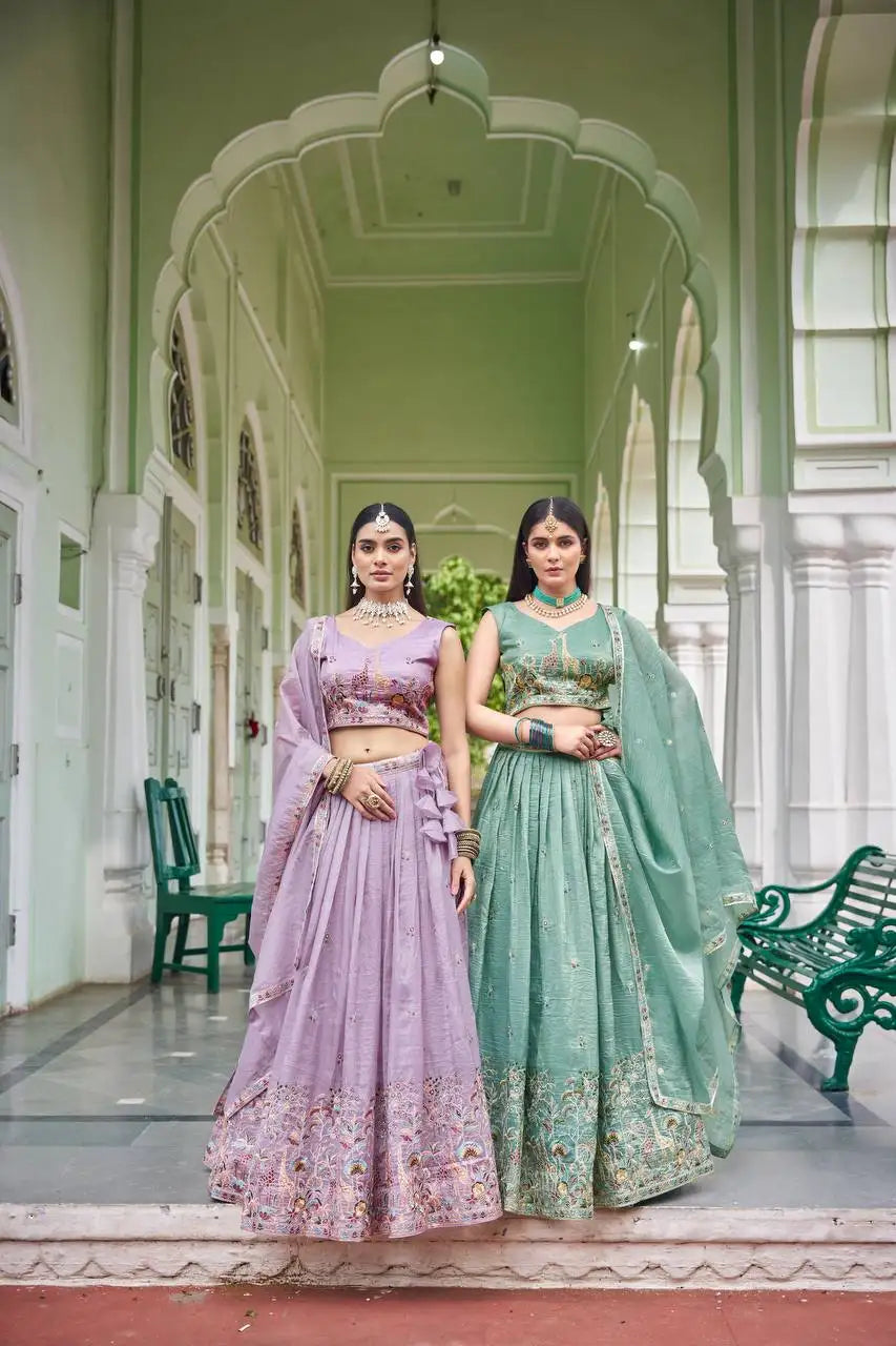 Lavender Thread Embroidered Lehenga – Front view showing gold crush skirt with scattered sequins and giraffe motif V-neck choli