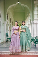 Lavender Thread Embroidered Lehenga – Front view showing gold crush skirt with scattered sequins and giraffe motif V-neck choli