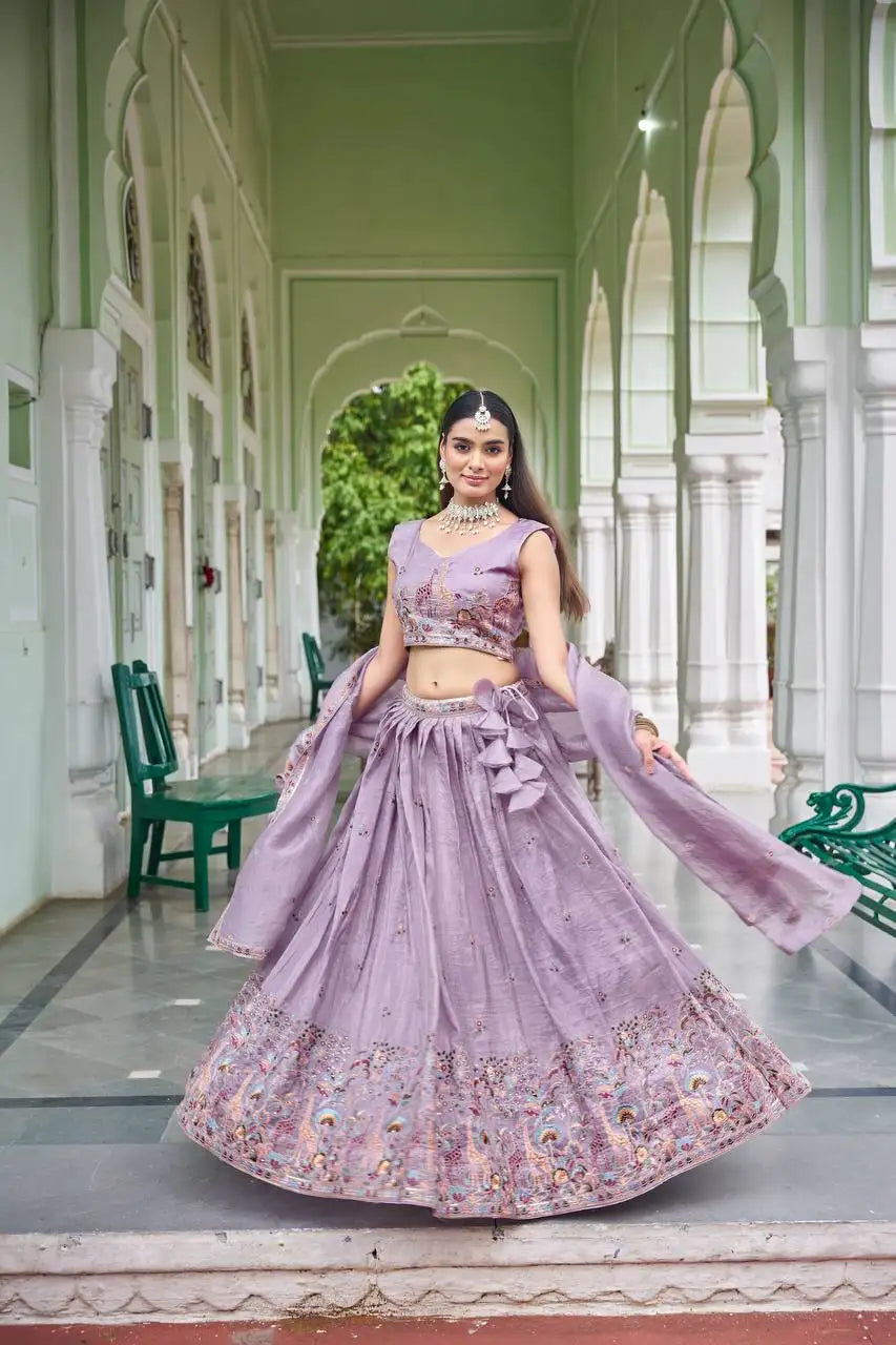 Lavender Thread Embroidered Lehenga – Full-length model view, premium gold crush festive lehenga for weddings and sangeet