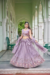 Lavender Thread Embroidered Lehenga – Full-length model view, premium gold crush festive lehenga for weddings and sangeet