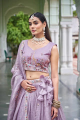 Lavender Thread Embroidered Lehenga – Model wearing lavender gold crush lehenga with dupatta, wedding and reception wear