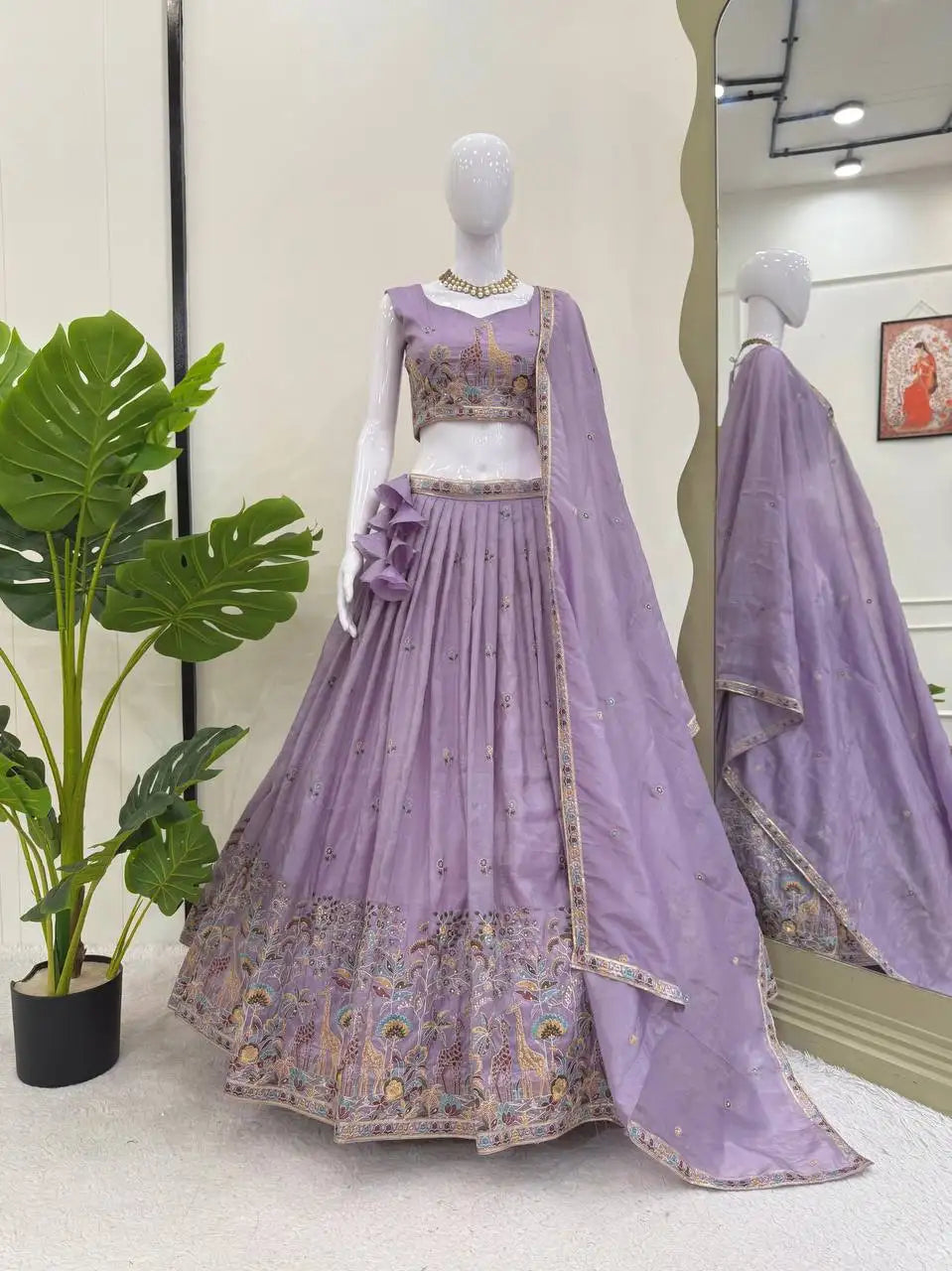 Lavender Thread Embroidered Lehenga – Canvas stitch circular lehenga, 42-inch length, 1.5 kg, regular fit
