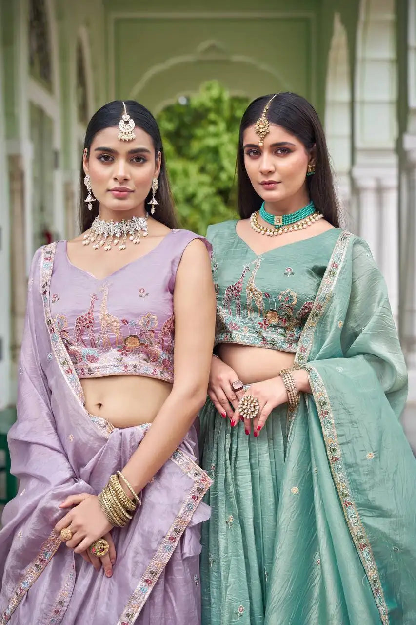 Lavender Thread Embroidered Lehenga – Side view showing 3-meter circular flair and sleeveless embroidered choli with fancy back