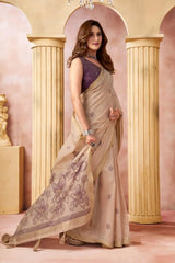 Beige Jacquard Weaving Saree side drape view – geometric woven border, heavy cotton blend | KS301 Kalyanja