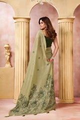 Light Pistachio Green Jacquard Weaving Saree — back view showing floral printed pallu spread and geometric woven border