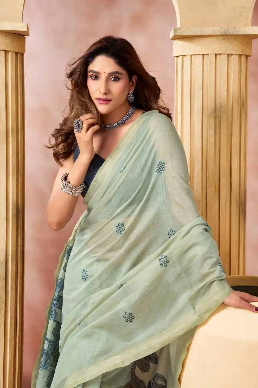 Mint Green Jacquard Weaving Saree back view – floral printed pallu draped over shoulder | KS301 Kalyanja