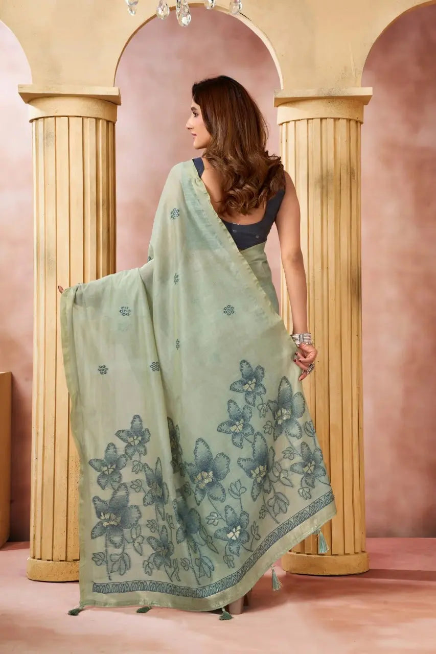 Mint Green Jacquard Weaving Saree pallu detail – large floral print with 3D fabric flower accents | KS301 Kalyanja