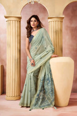 Mint Green Jacquard Weaving Saree side drape view – geometric woven border, heavy cotton blend | KS301 Kalyanja