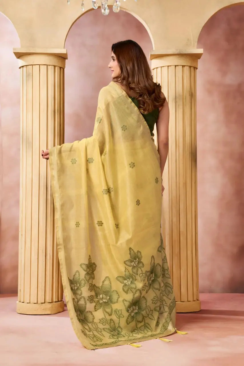 Mustard Yellow Jacquard Weaving Saree close-up – geometric woven arch border detail, heavy cotton blend texture | KS301