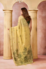 Mustard Yellow Jacquard Weaving Saree close-up – geometric woven arch border detail, heavy cotton blend texture | KS301