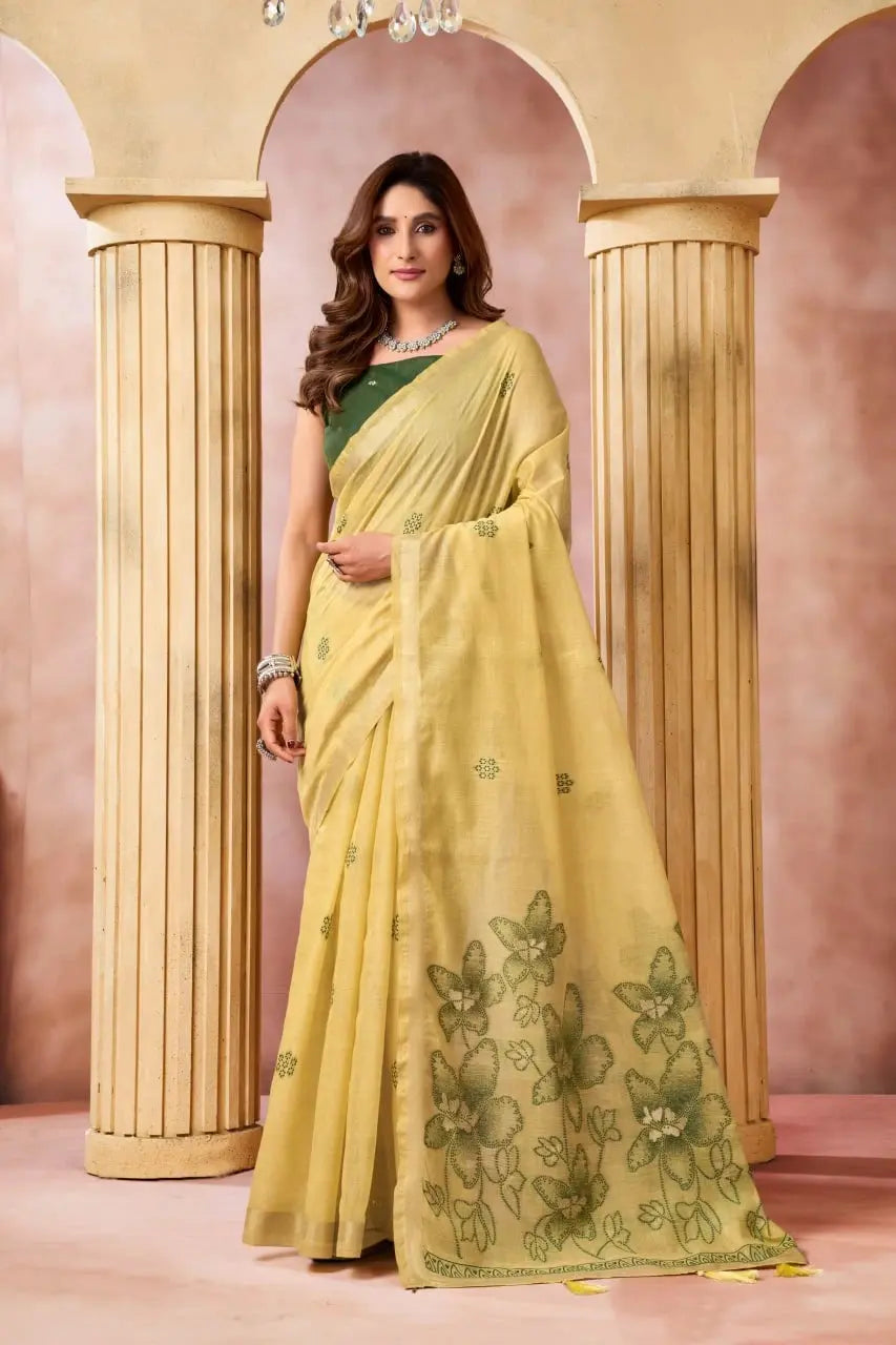 Mustard Yellow Jacquard Weaving Saree front drape – geometric butis, floral printed pallu, heavy cotton blend | KS301 Kalyanja
