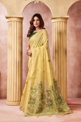 Mustard Yellow Jacquard Weaving Saree pallu detail – large floral print with 3D fabric flower accents | KS301 Kalyanja