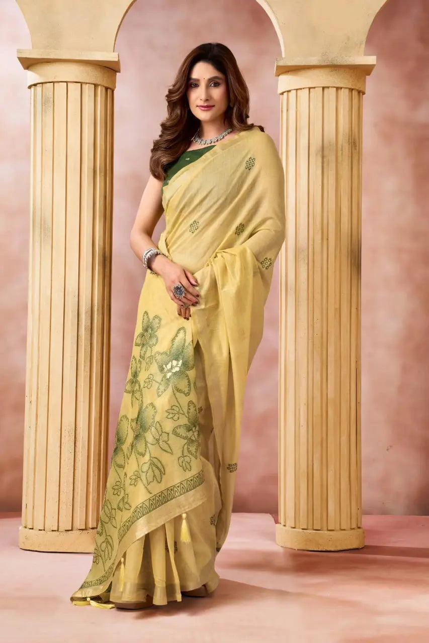 Mustard Yellow Jacquard Weaving Saree side drape view – geometric woven border, heavy cotton blend | KS301 Kalyanja