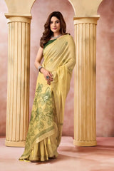 Mustard Yellow Jacquard Weaving Saree side drape view – geometric woven border, heavy cotton blend | KS301 Kalyanja
