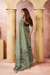 Olive Green Jacquard Weaving Saree back view – floral printed pallu draped over shoulder | KS301 Kalyanja