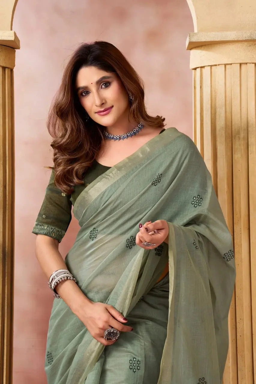 Olive Green Jacquard Weaving Saree body close-up – geometric jacquard butis woven across the drape | KS301 Kalyanja