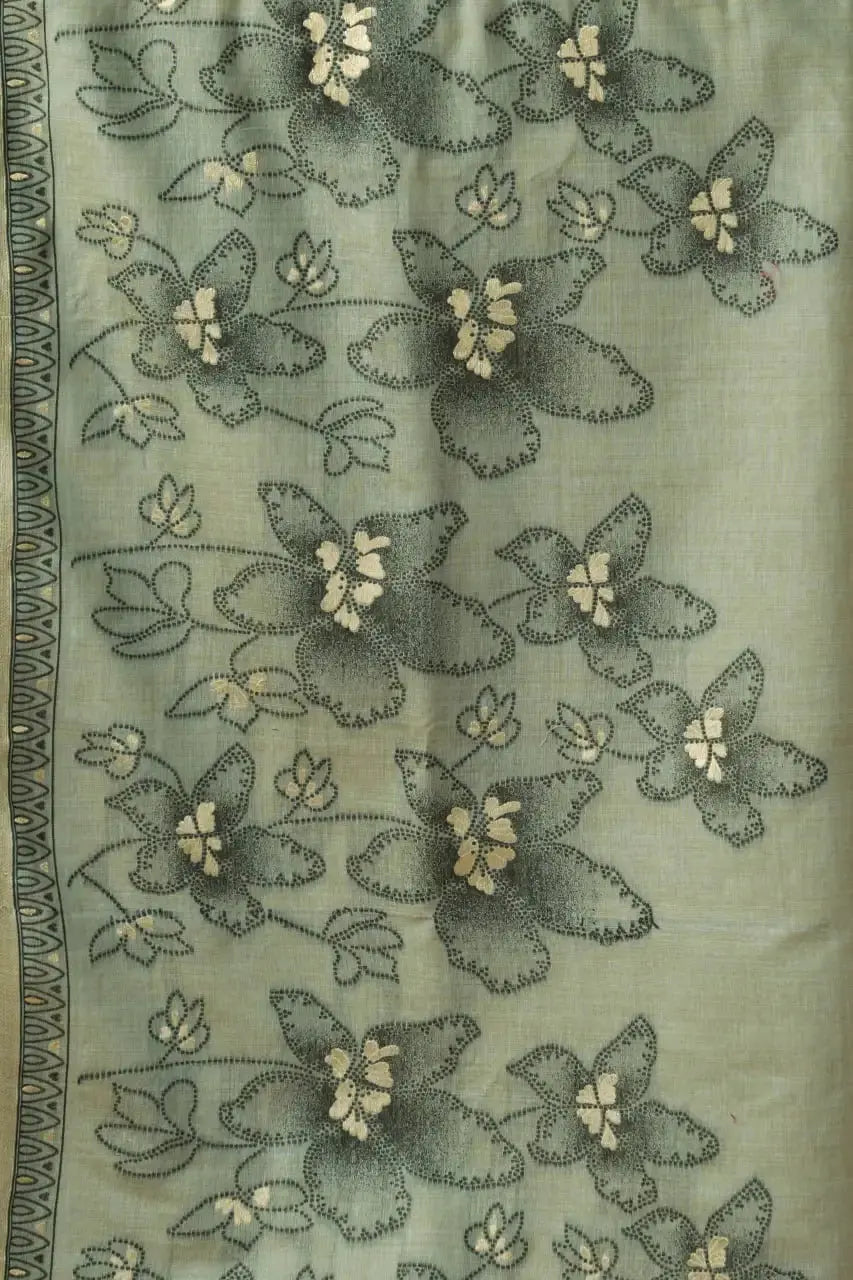 Olive Green Jacquard Weaving Saree flat lay – full 5.5m saree with blouse piece, KS301 by Kalyanja