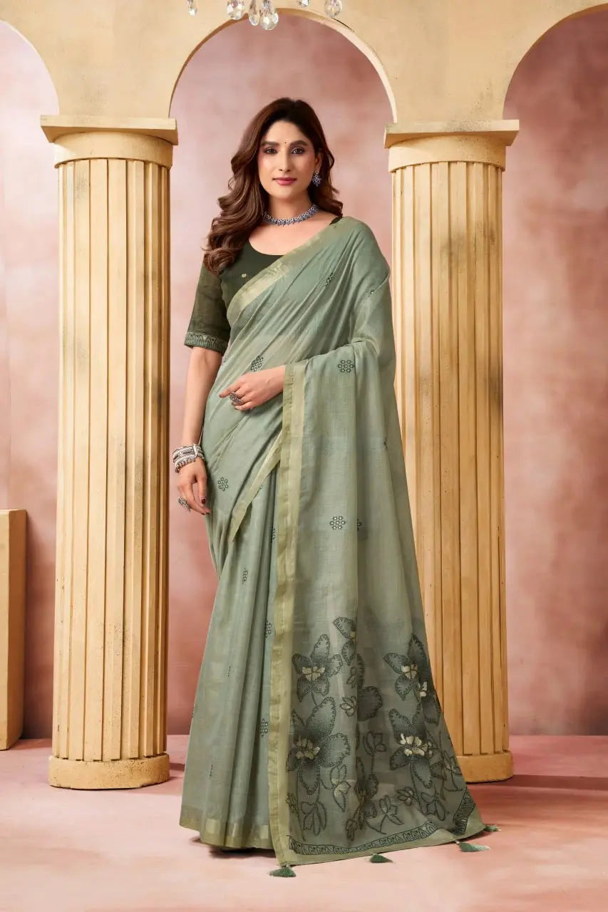 Olive Green Jacquard Weaving Saree front drape – geometric butis, floral printed pallu, heavy cotton blend | KS301 Kalyanja