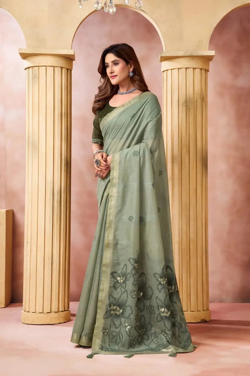 Olive Green Jacquard Weaving Saree pallu detail – large floral print with 3D fabric flower accents | KS301 Kalyanja