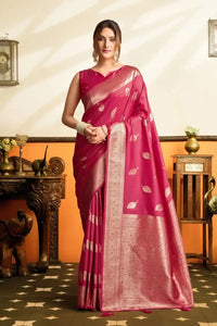Dark Pink Jacquard Weaving Saree – Silver Zari, Silk Blend, Festive Wear