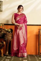 Dark Pink Jacquard Weaving Saree side drape view – jacquard weaving detail, soft silk blend | KS302 Kalyanja