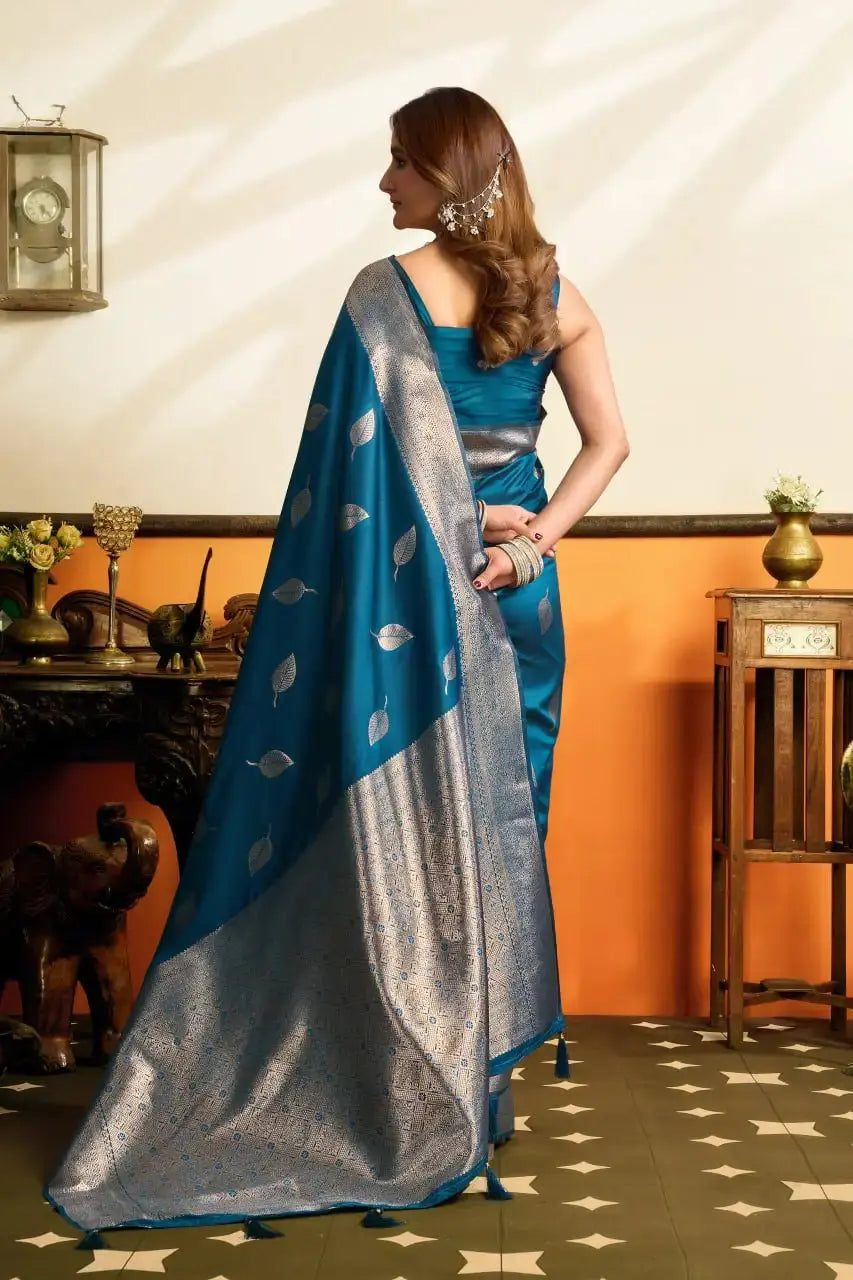 Back view of Deep Navy Blue Jacquard Weaving Saree with contrast silver zari pallu spread