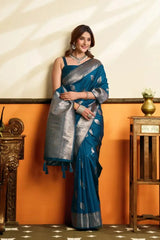 Deep Navy Blue Jacquard Weaving Saree — leaning front drape view, silver leaf motifs visible